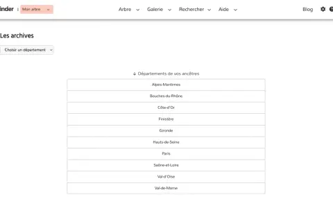 Page d'accueil de Geneafinder pour explorer les archives en ligne. Une liste de départements français est affichée pour rechercher des ancêtres.