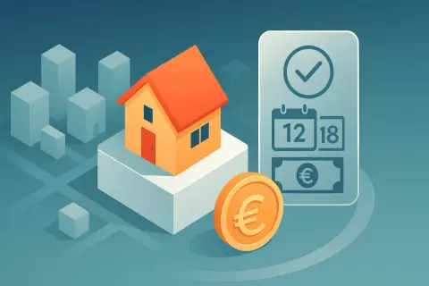 Una casa arancione su una base bianca, con una moneta euro e un'app per la pianificazione di una donazione per acquisto casa.
