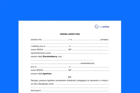 Umowa agencyjna, dokument z danymi Zleceniodawcy i Agenta, gotowy do wypełnienia.