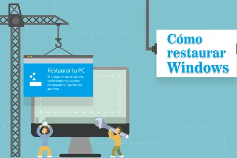 Ilustración de un PC siendo reparado con una grúa y herramientas, con un mensaje de "Restaurar tu PC".