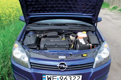 Silnik Ecotec w niebieskim Opel Astra H 1.6 benzyna, z otwartą maską, na tle pola rzepaku.