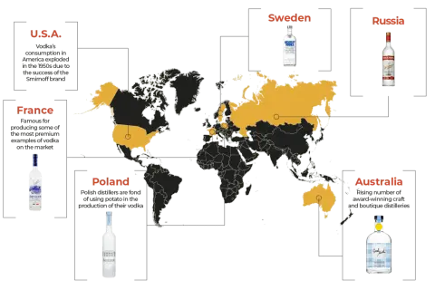 Mapa świata z zaznaczonymi krajami produkującymi wódkę. Kto wynalazł wódkę? Pytanie pozostaje otwarte, ale Polska, Szwecja, USA, Francja, Rosja i Australia mają swoje tradycje.