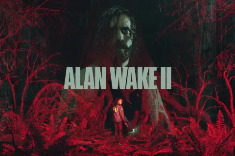 Mroczny las, agentka FBI z latarką i pistoletem, nad nimi twarz Alana Wake'a. To kluczowe dla **Alan Wake 2 poradnik**.