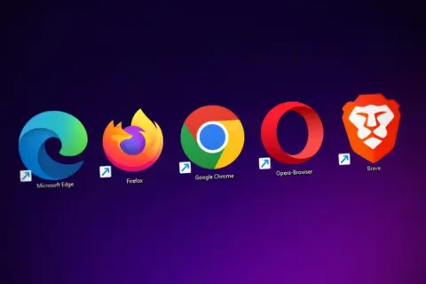 Ikony przeglądarek: Microsoft Edge, Firefox, Google Chrome, Opera, Brave. Dowiedz się, jak włączyć sprawdzanie lokalizacji w przeglądarce.