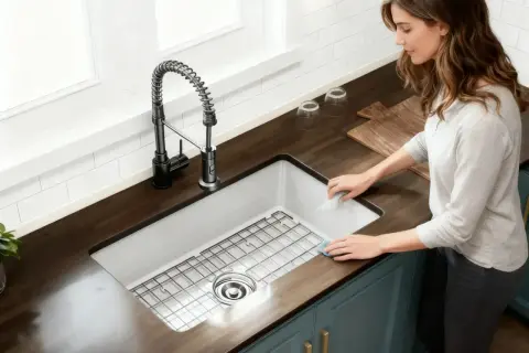 A woman cleans the edge of a new undermount sink installation. The stainless steel sink has a grid rack and a modern black faucet.