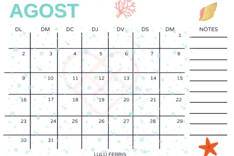 Calendario de agosto con diseño de burbujas y temática marina. Incluye espacio para notas.