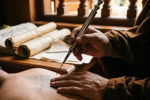 Mistrz wykonuje tatuaż sak yant, którego znaczenie jest głęboko zakorzenione w tradycji. Na stole leżą zwoje z pismem.