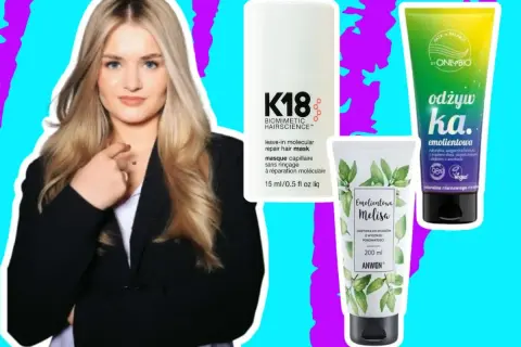 Blondynka z produktami do włosów, które pomogą Ci dowiedzieć się, jak wygładzić włosy.