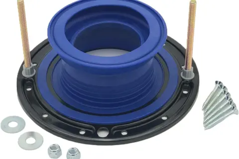 A toilet flange kit with a blue rubber seal, mounting bolts, screws, and nuts, essential for learning how to replace a toilet flange.