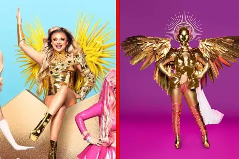 Två gyllene, glittrande dräkter. En person med stora gula fjädrar, en annan som en gyllene ängel. Kanske framtida masked singer 2026 deltagare?
