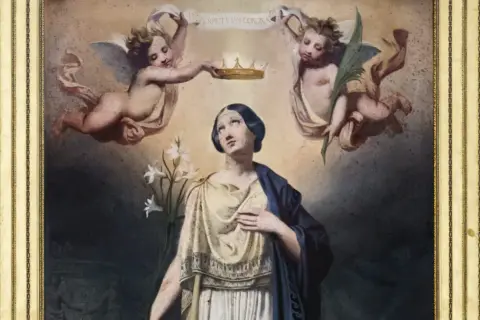 Św. Filomena w potrzebie, z liliami i koroną od aniołów.