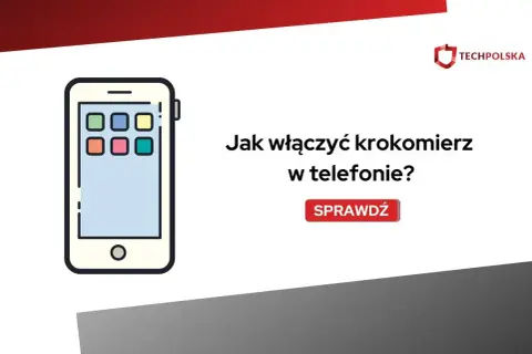 Dowiedz się, jak włączyć krokomierz w telefonie, by śledzić swoje kroki. Ikona telefonu i napis "Sprawdź".