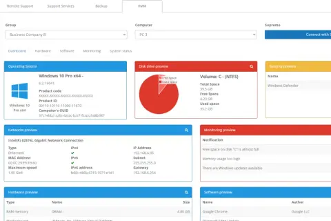 Panel zarządzania urządzeniami w Supremo. Widok szczegółów komputera PC 3 z systemem Windows 10 Pro x64, podłączonego do sieci.