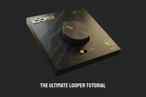 Schwarzes Gerät mit goldener Schrift "The Ultimate Looper" und einem großen Drehknopf. Ideal für Musikproduzenten, die einen music looper suchen.