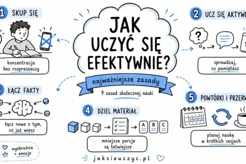 Grafika przedstawia zasady efektywnej nauki: skupienie, aktywne uczenie, łączenie faktów, dzielenie materiału i powtórki. Skala trudności nauki maleje, gdy stosujemy te metody.