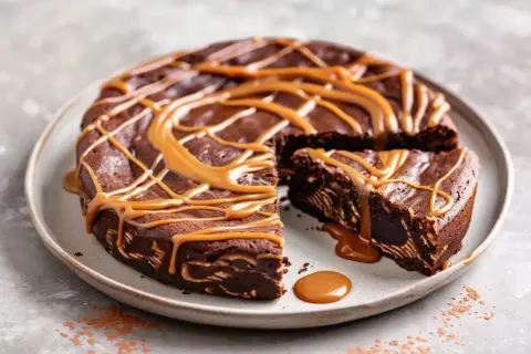 En saftig kladdkaka med ett härligt mönster, toppad med en generös glasyr av dulce de leche.