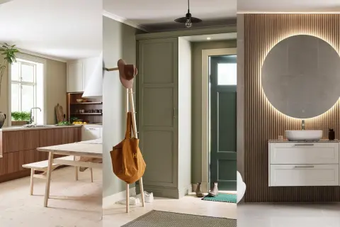 Triptyk av hemtrevliga rum: kök med trädetaljer, hall med hatthylla och ett modernt badrum med rund spegel. Klassisk design genomsyrar helheten.