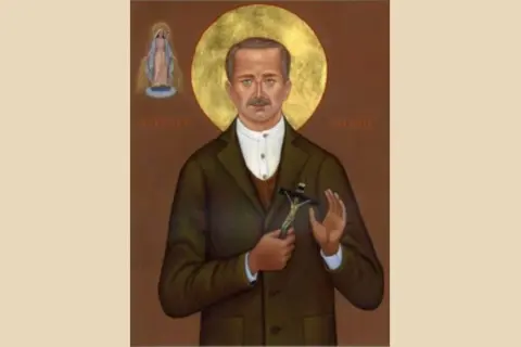 Święty Mateusz Talbot, patron alkoholików, trzyma krzyż. Obok niego Matka Boska.