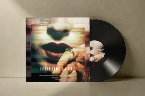 Vinyl record with album cover featuring a close-up of lips and a hand with rings.