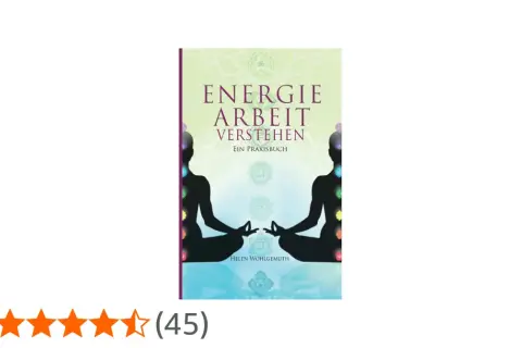 Buchcover "Energie Arbeit Verstehen" mit zwei Silhouetten in Meditationshaltung, die Chakren und ein Om-Symbol zeigen. Ein spiritueller meditation symbol.