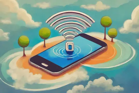 Smartfon na wyspie z drzewkami, symbol Wi-Fi unosi się nad ekranem. Idealny do monako roaming, gdziekolwiek jesteś.