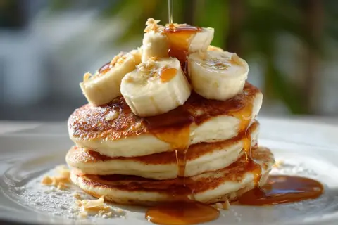 En hög med fluffiga bananpannkakor toppas med bananskivor och sirap. Ett perfekt bananpannkaka recept för en mysig frukost.