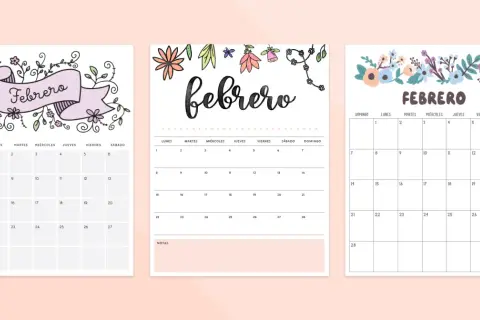 Tres diseños de calendarios para el **calendari febrer**, con decoraciones florales y el nombre del mes en grande.