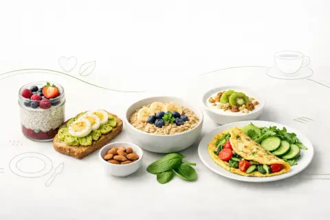 Idealne fit śniadanie: owsianka z owocami, omlet, jogurt z kiwi, tosty z awokado i jajkiem, nasiona chia z jagodami i malinami, migdały.
