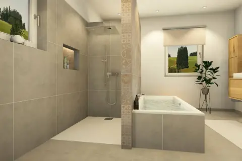 Salle de bain moderne avec douche à l'italienne spacieuse et baignoire. La dimension douche italienne est bien pensée pour un confort optimal.