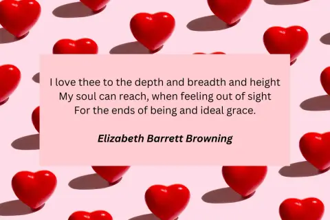 Czerwone serca na różowym tle. Cytat Elizabeth Barrett Browning o miłości, który może być inspiracją do pisania wierszy o pożądaniu dla niego.