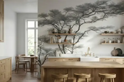 Cuisine épurée avec une **aquarelle sur bois** d'arbres stylisés ornant le mur. Meubles en bois clair, îlot central et vaisselle en céramique.