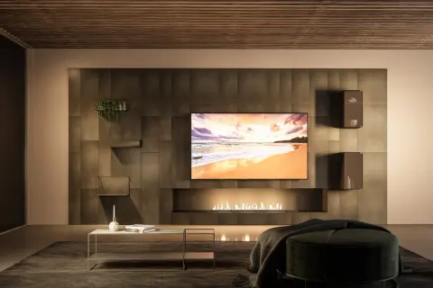 Un salon moderne avec une cheminée éthanol, une TV affichant une plage et une **déco derrière télé** minimaliste avec des étagères et une plante.