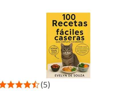 Libro "100 Recetas fáciles caseras" con un gato mirando platos de comida casera para gatos. ¡Recetas saludables y económicas!
