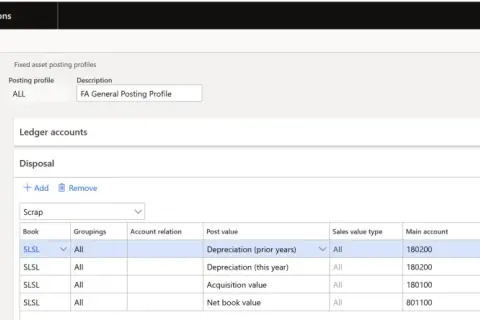 Konfiguracja księgowania likwidacji środka trwałego w Dynamics 365. Widok zawiera profile księgowania, konta księgowe i szczegóły dotyczące likwidacji.