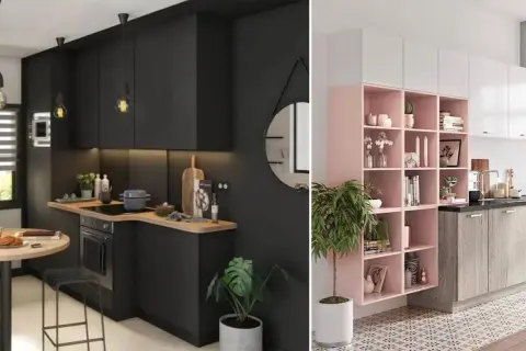 Cuisine salle à manger en longueur avec meubles noirs modernes et étagères roses décorées.