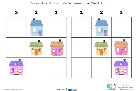 Ficha simetría: dos cuadrículas con casas de colores. Busca la diferencia en la disposición de las casas.