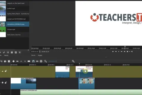 Edytor wideo, przypominający Final Cut Pro, z materiałami wideo i audio na osi czasu.