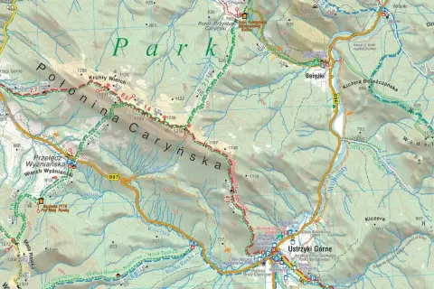 Mapa turystyczna z Krakowa do Ustrzyk Górnych, ukazująca Połoninę Caryńską i szlaki Bieszczad.