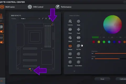 Interfejs RGB Fusion 2.0 pozwala na dostosowanie podświetlenia płyty głównej. Widoczne są opcje efektów LED, koło kolorów i suwaki jasności.