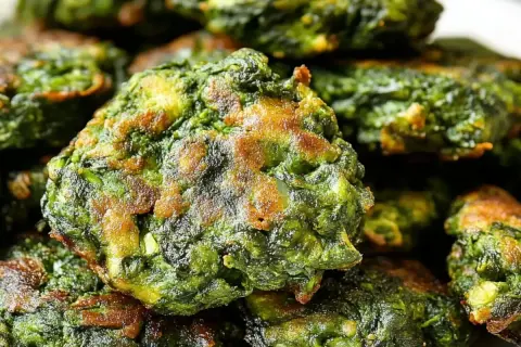Buñuelos de espinacas dorados y crujientes, apilados en un plato. Un bocado delicioso y saludable.