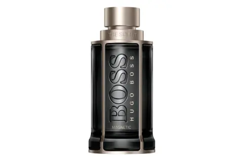 Elegancka butelka perfum Hugo Boss The Scent Magnetic w kolorze czarnym z metalicznymi detalami.