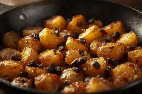 Geröstete Kartoffelspalten in einer Pfanne, verfeinert mit Rosinen und einem Hauch von schwarzem Knoblauch.