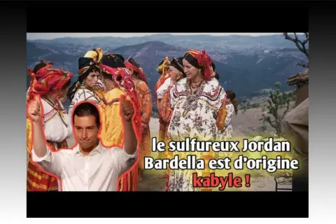 Jordan Bardella, d'origine kabyle, est mis en avant face à des femmes en tenues traditionnelles.
