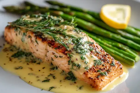 En saftig laxfilé med citronsås, toppad med färska örter, serveras med gröna sparris och en citronskiva.