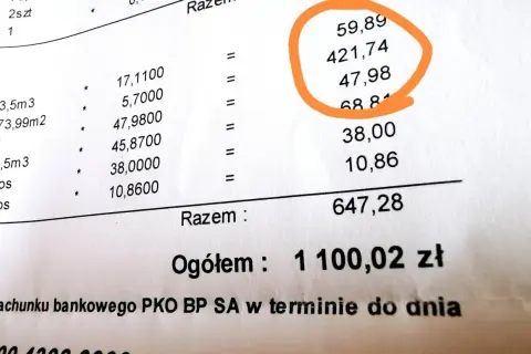 Szacunkowe ile kosztuje centralne ogrzewanie w bloku: 1100,02 zł. Na rachunku widać różne pozycje, m.in. za wodę i ogrzewanie.