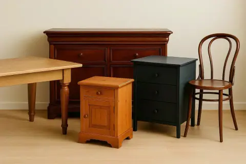Un petit chevet en bois, prêt à être relooké, côtoie une commode sombre et une chaise courbée.