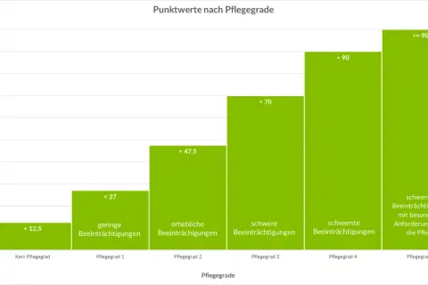 Balkendiagramm zeigt Punktwerte nach Pflegegraden gemäß 15 SGB XI. Von keinem Pflegegrad bis Pflegegrad 5 steigen die Punkte.