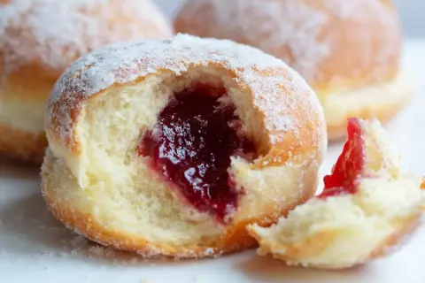 Puszyste pączki z piekarnika, oprószone cukrem pudrem, z obfitym nadzieniem z konfitury. Idealne na tłusty czwartek!