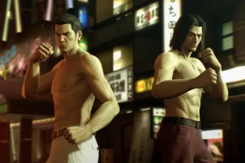 Dwóch mężczyzn w pozycji bojowej na tle neonów. Kiryu i Nishikiyama gotowi do walki w Yakuza 0 spolszczenie.
