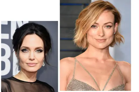 Zwei Frauen mit eckigem Gesicht: links Angelina Jolie mit hochgesteckten Haaren, rechts Olivia Wilde mit kurzem Bob. Frisuren eckiges Gesicht vorher nachher.